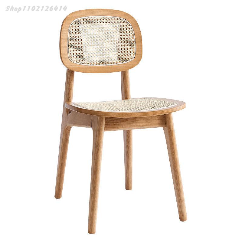 Nordic ash solid wood rattan dining chair home log rattan chair leisure chair backrest chair simple cafe chair